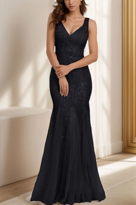 Illusion Neckline Dress Trumpet-Mermaid Floor Length Sequined Prom Dress CS0426
