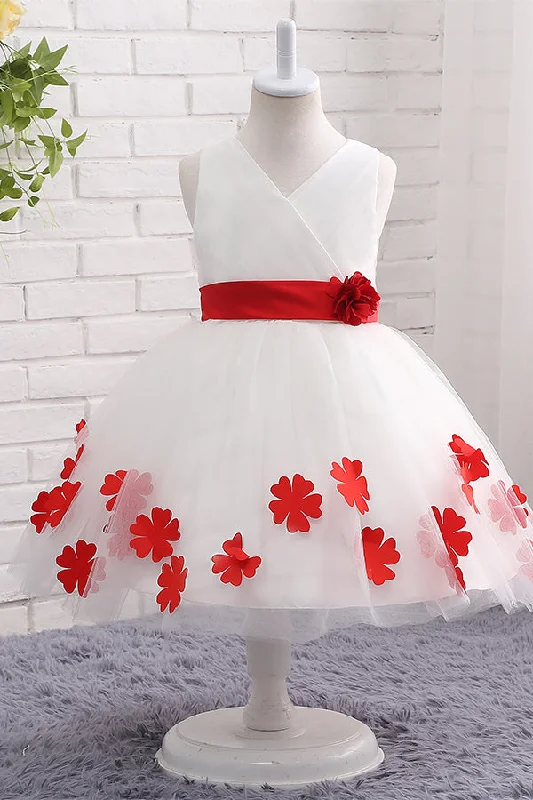Statement Sleeve Dress Tulle Appliqued White Flower girl Dress with Red Bow