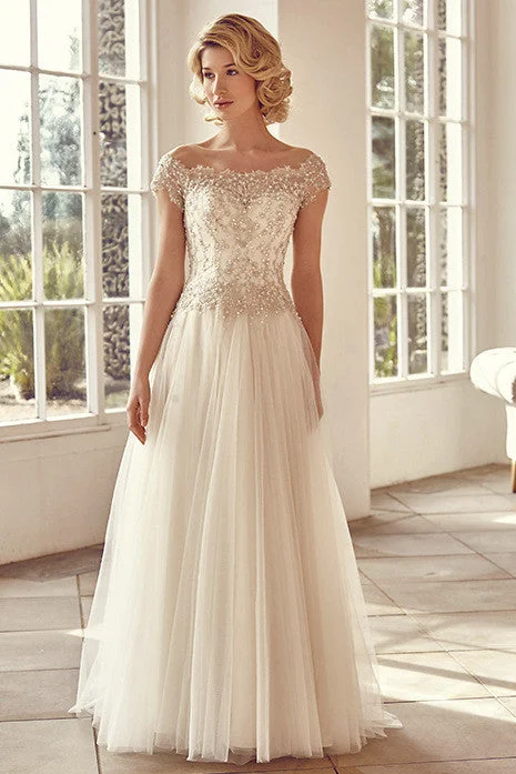 Strapless Gown Tulle Beaded Off-The-Shoulder Maxi Wedding Dress-MK_700894