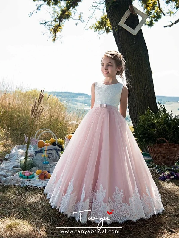Maxi Dress Tulle / Cotton Sleeveless Jewel Neck with Lace / Belt / Appliques Flower Girl Dresses Maxi Dress Tulle / Cotton Sleeveless Jewel Neck with Lace / Belt / Appliques Flower Girl Dresses