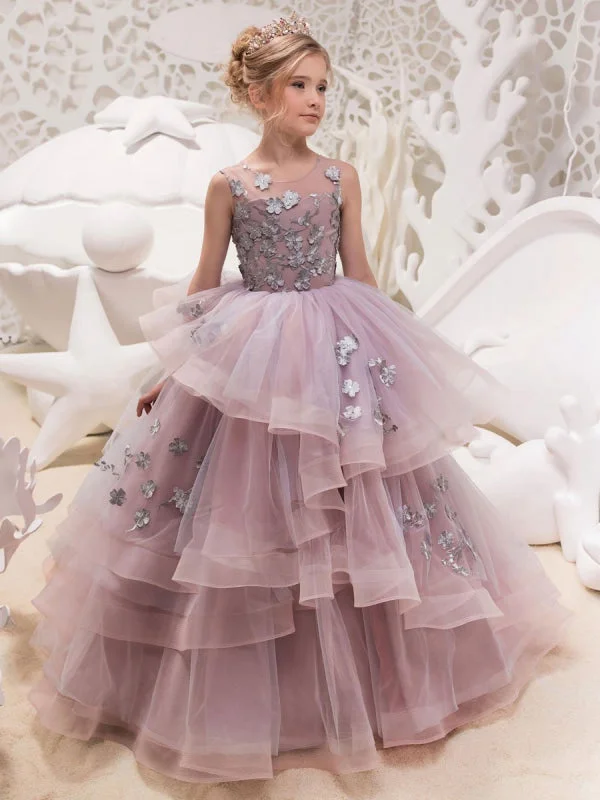 Dramatic Ball Gown Tulle Floral Lace Flower Girl Dresses Sleeveless Long Party Dress for Kids