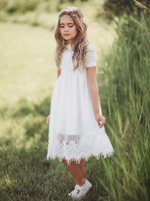 Asymmetrical Gown Tulle Jewel Neck Short SleevesFlower Girl Dresses A Line Kids Party Dresses Asymmetrical Gown Tulle Jewel Neck Short SleevesFlower Girl Dresses A Line Kids Party Dresses