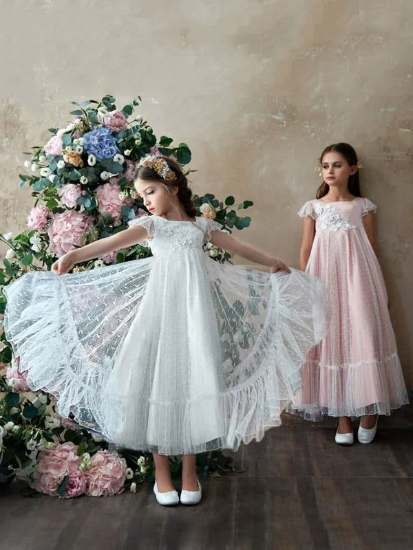 Drape Sleeve Dress Tulle Ruffles Sleeveless Flower Girl Dresses Ankle Length Princess Silhouette Kids Social Party Dresses
