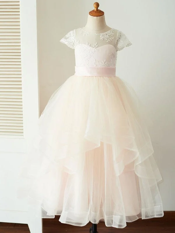 Fringe Gown Tulle Short Sleeves Flower Girl Dresses Jewel Neck Floor-Length Princess Dress for Kids