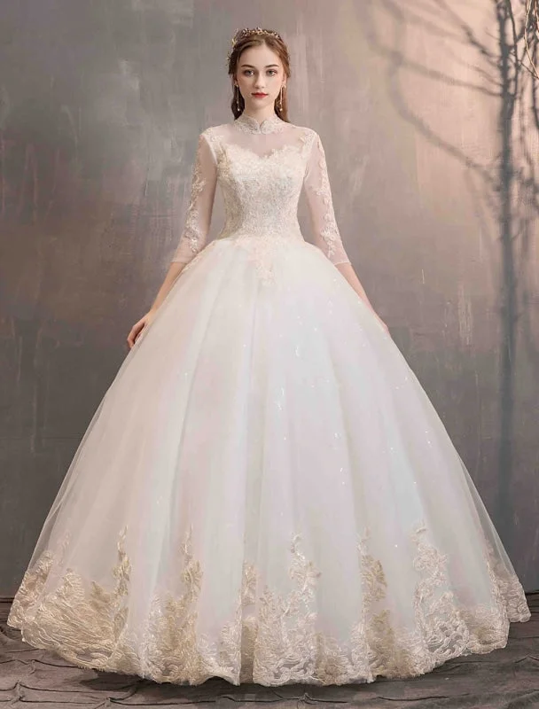 Asymmetrical Gown Tulle Wedding Dresses Princess Bridal Gown Illusion Collar Half Sleeve Floor Length Bridal Dress Asymmetrical Gown Tulle Wedding Dresses Princess Bridal Gown Illusion Collar Half Sleeve Floor Length Bridal Dress