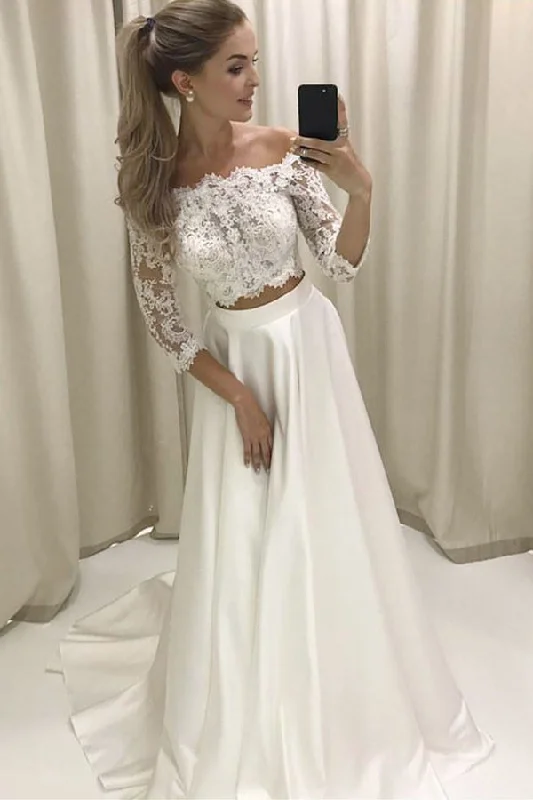 Vintage Lace Dress Two Piece Off-the-shoulder Sleeves Satin Wedding Dress with Lace Wedding Dresses-715460 Vintage Lace Dress Two Piece Off-the-shoulder Sleeves Satin Wedding Dress with Lace Wedding Dresses-715460