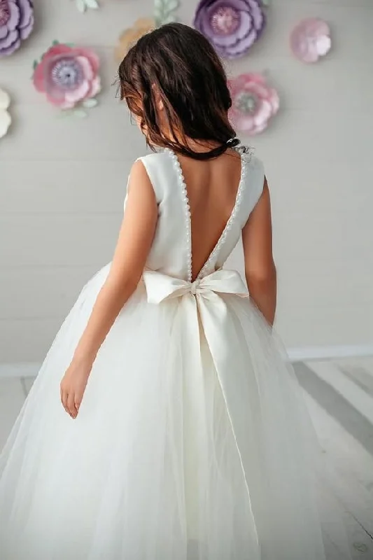 Modern Tulle Dress V Back Ball Gown Tulle Flower Girl Dress With Pearls