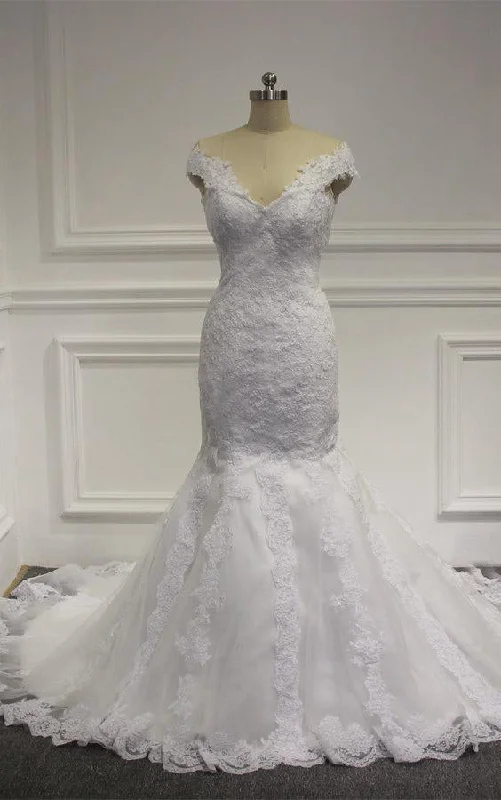 Velvet Dress V-Neck Cap Sleeve Lace Mermaid Wedding Dress With Court Train-ET_711421 Velvet Dress V-Neck Cap Sleeve Lace Mermaid Wedding Dress With Court Train-ET_711421
