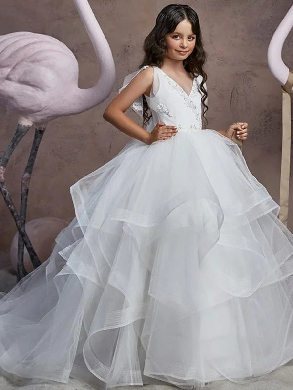 Subtle Shine Dress V Neck Lace Long Flower Girl Dresses Sleeveless Floor Length Princess Silhouette Tiered Kids Party Dresses Subtle Shine Dress V Neck Lace Long Flower Girl Dresses Sleeveless Floor Length Princess Silhouette Tiered Kids Party Dresses