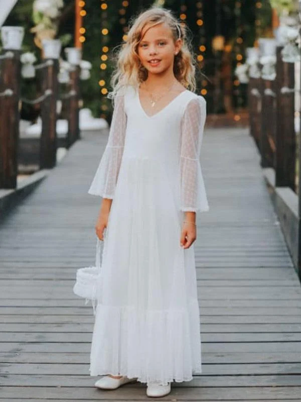 Off-Shoulder Dress V-Neck Lace White Flower Girl Dresses Long Sleeves A-Line Lace Kids Social Party Dresses