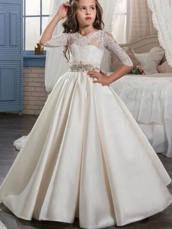 Puffy Sleeve Dress V-Neck Satin A-line Flower Girl Dresses Half Sleeves Princess Silhouette Kids Party Dresses Puffy Sleeve Dress V-Neck Satin A-line Flower Girl Dresses Half Sleeves Princess Silhouette Kids Party Dresses