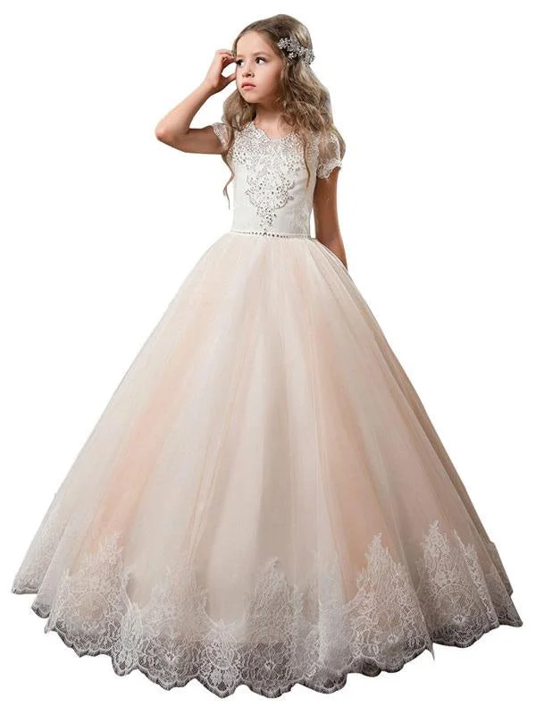 Slit Gown V-Neck Tulle Short Sleeves Flower Girl Dresses Ankle Length Ball Gown Kids Pageant Dresses
