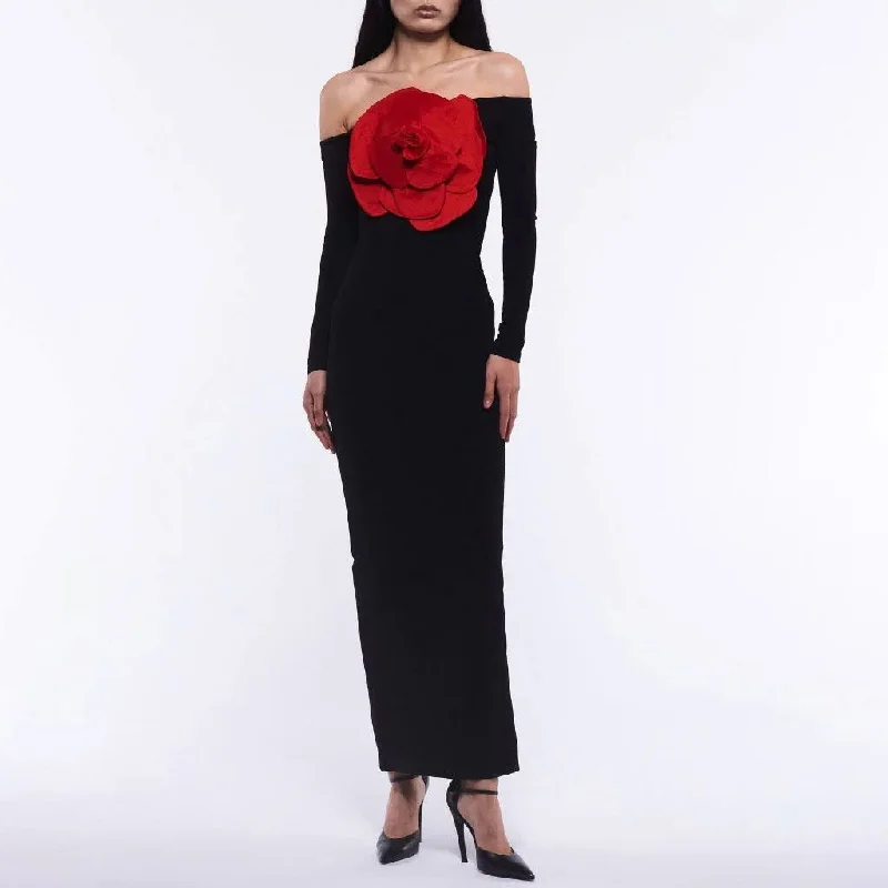 Glitter Dress Vintage Big Rose Detailed Off The Shoulder Long Sleeve Formal Maxi Jersey Dress Glitter Dress Vintage Big Rose Detailed Off The Shoulder Long Sleeve Formal Maxi Jersey Dress