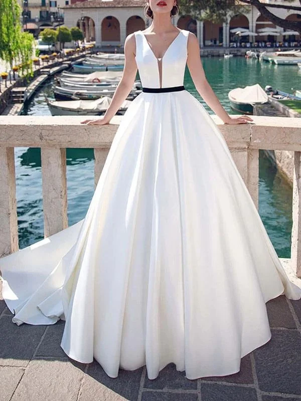 Ruched Satin Dress Vintage Wedding Dresses V Neck Sleeveless Sash Satin Fabric Floor Length Princess Silhouette Bridal Dress Ruched Satin Dress Vintage Wedding Dresses V Neck Sleeveless Sash Satin Fabric Floor Length Princess Silhouette Bridal Dress