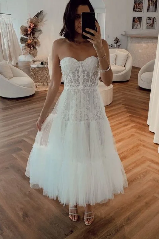 Deep V-Neck Dress VINTAGE WHITE STRAPLESS SHORT SUMMER TULLE WEDDING DRESS     fg3669