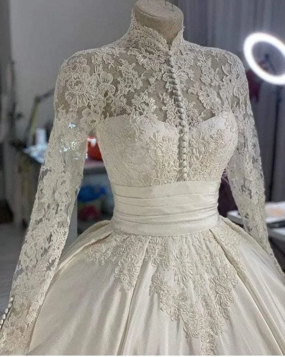 Ruffled Dress Wedding Dress 3D Flowers Pearls High Neck Lace Dresses Bridal Long Sleeve Ball Gowns For Women Ivory Muslim Engagement fg4043 Ruffled Dress Wedding Dress 3D Flowers Pearls High Neck Lace Dresses Bridal Long Sleeve Ball Gowns For Women Ivory Muslim Engagement fg4043