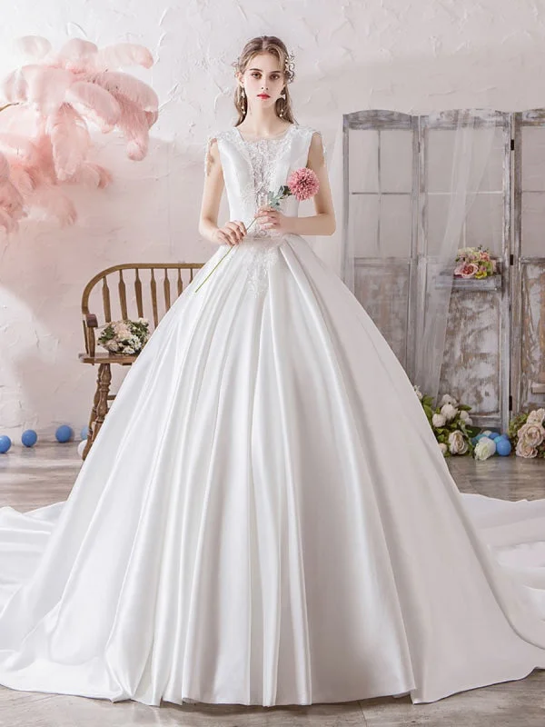 Floor-Length Satin Dress Wedding Dress Princess Silhouette Illusion Neckline Sleeveless Natural Waist Cathedral Train Bridal Gowns Floor-Length Satin Dress Wedding Dress Princess Silhouette Illusion Neckline Sleeveless Natural Waist Cathedral Train Bridal Gowns