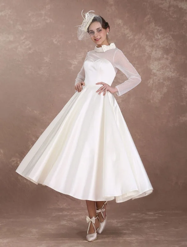 Lush Satin Gown Wedding Dresses Short 1950'S Vintage Bridal Dress Long Sleeve Sweetheart Neckline Satin Ivory Rockabilly Wedding Dress Exclusive Lush Satin Gown Wedding Dresses Short 1950'S Vintage Bridal Dress Long Sleeve Sweetheart Neckline Satin Ivory Rockabilly Wedding Dress Exclusive