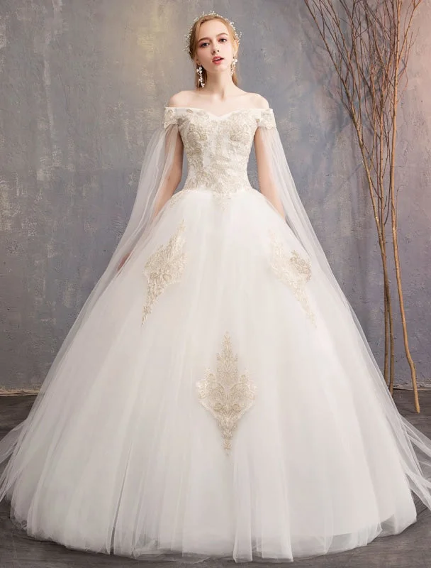 Pleated Gown Wedding Dresses Tulle Off The Shoulder Short Sleeve Lace Applique Princess Bridal Gown Pleated Gown Wedding Dresses Tulle Off The Shoulder Short Sleeve Lace Applique Princess Bridal Gown