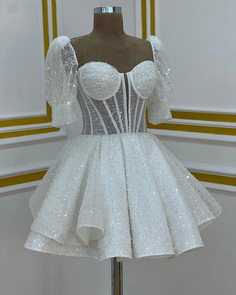 Puffy Sleeve Dress Wedding Dress, Short Homecoming Dress       fg3401