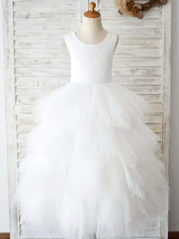 Timeless Gown White Crossed-Lace Formal Kids Pageant Dresses Tulle Sleeveless Flower Girl Dresses