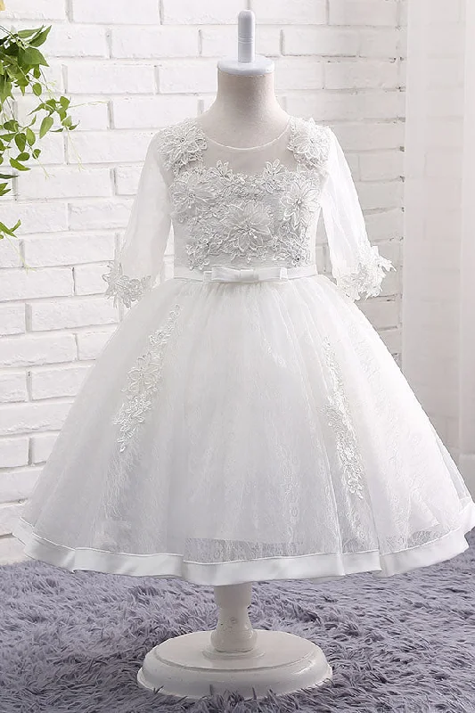 Halter Neck Dress White Half Sleeves Appliques Flower Girl Dress
