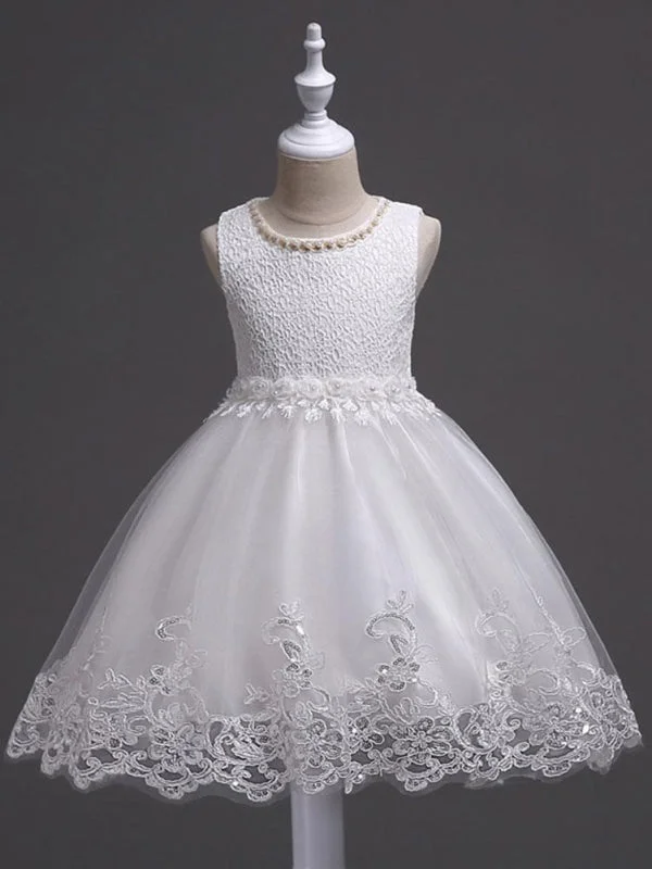 Lace Dress White Lace Applique Flower Girl Dresses Pearls Tassels Princess Tutu Kids Party Dresses