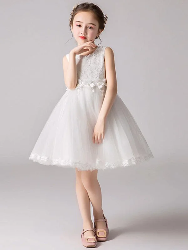 Whimsical Evening Gown White Lace Tulle Sleeveless Short Formal Flower Girl Dresses Jewel Neck Princess Silhouettes Pageant Dresses Whimsical Evening Gown White Lace Tulle Sleeveless Short Formal Flower Girl Dresses Jewel Neck Princess Silhouettes Pageant Dresses