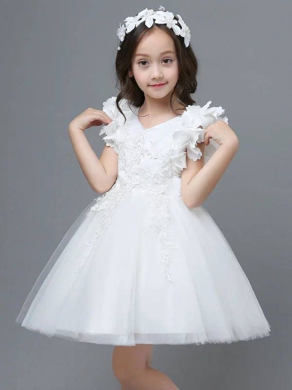 Off-Shoulder Gown White Little Flower Girl Dresses A-Line V-Neck Tulle Flowers Kids Party Dresses Off-Shoulder Gown White Little Flower Girl Dresses A-Line V-Neck Tulle Flowers Kids Party Dresses