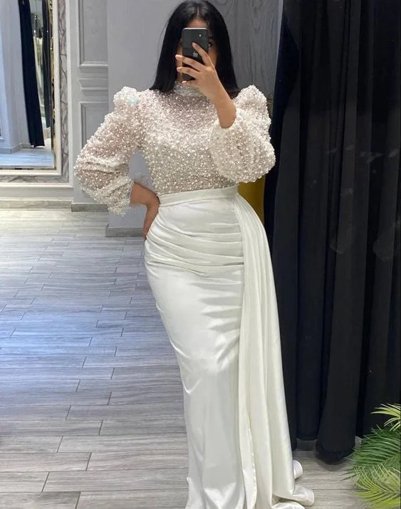 Evening Gown White  Long Sleeve Prom Gown Wedding Dress    fg4115