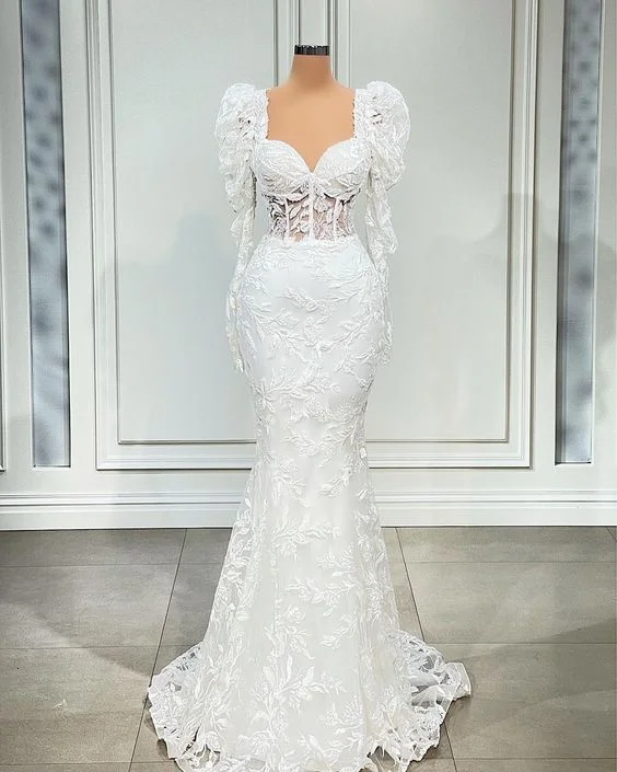 Knee-Length Dress White Mermaid Long Sleeves Wedding Dress    fg3732