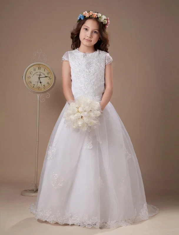 Floor-Length Dress White Satin Organza Flower Girl Dress Short Sleeves Lace Appliques Girl Dress for Wedding