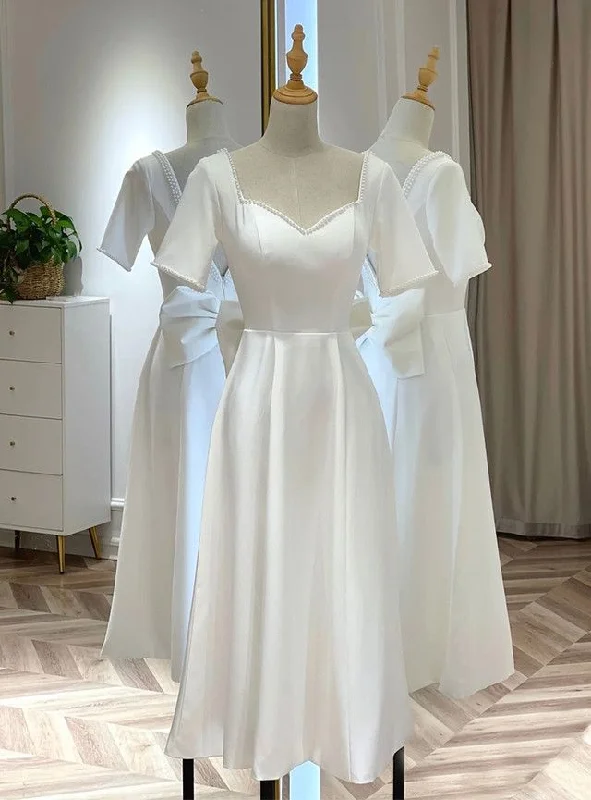 Sequin Gown White Satin Short Sleeve Short Wedding Dress      fg4074