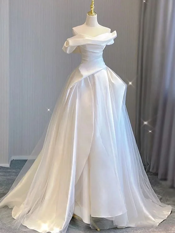 Ball Gown White Satin Tulle Off the Shoulder Pleats Wedding Dress    fg4100