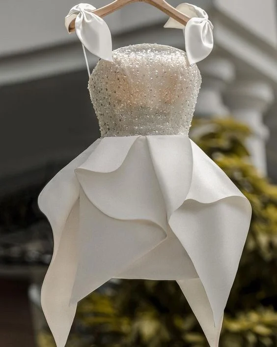 Lush Satin Gown White Short Party Dress Homecoming Dress Short Wedding Dress      fg2315