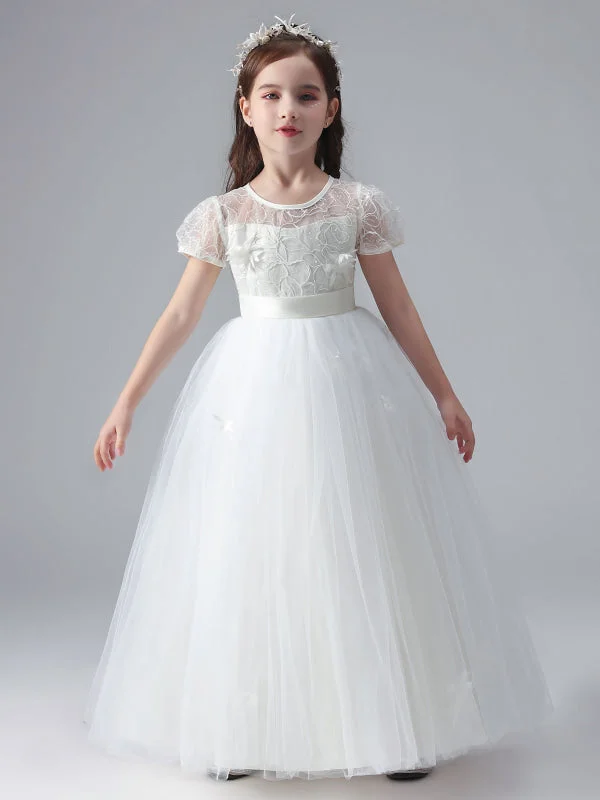 Tulle Gown White Short Sleeves Flowers Embellishment Flower Girl Dresses Tulle Lace Kids Party Dresses Tulle Gown White Short Sleeves Flowers Embellishment Flower Girl Dresses Tulle Lace Kids Party Dresses