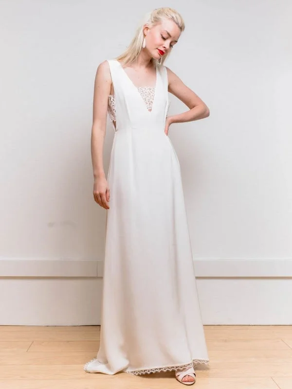 Formal Attire White Simple Wedding Dress A-Line V-Neck Sleeveless Backless Buttons Satin Fabric Lace Long Bridal Dresses Formal Attire White Simple Wedding Dress A-Line V-Neck Sleeveless Backless Buttons Satin Fabric Lace Long Bridal Dresses