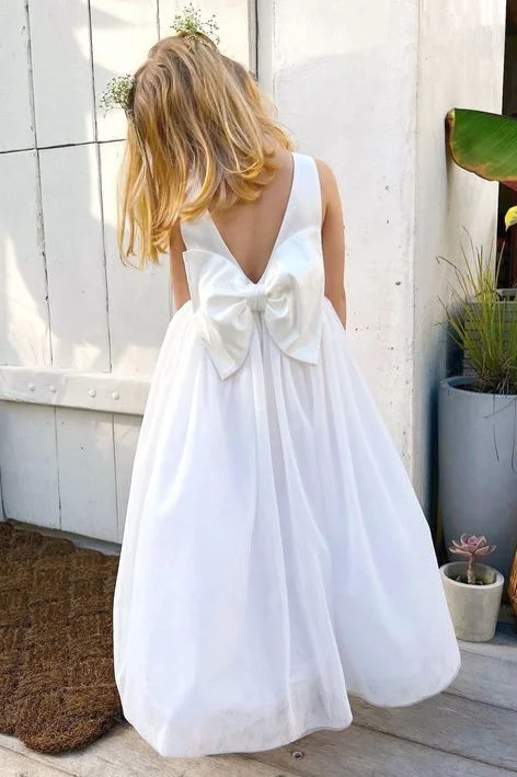 Formal Red Dress White Taffeta Tulle A Line Flower Girl Dress With Bow Back