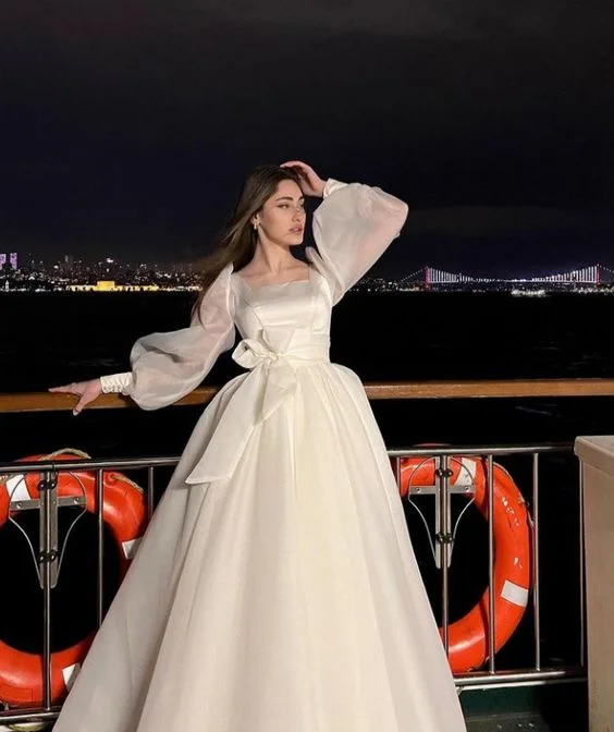 Luxury Dress White Tulle Long Sleeve Prom Gown Wedding Dress    fg4112