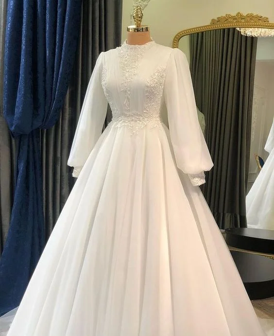 Formal Attire White Tulle Long Sleeve Prom Gown Wedding Dress    fg4114