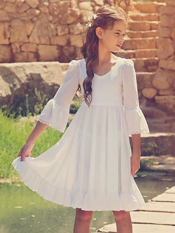 Unique Formal Dress White V-Neck Flower Girl Dresses Long Sleeves Formal Kids Dresses Unique Formal Dress White V-Neck Flower Girl Dresses Long Sleeves Formal Kids Dresses