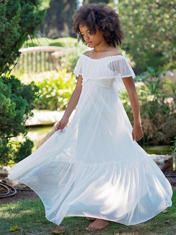 Fringe Gown White V-Neck Lace Short Sleeves Flower Girl Dresses A-Line Applique Kids Formal Dresses