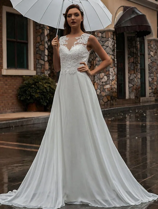 Open Back Dress White Wedding Dress Illusion Neckline Sleeveless Applique Chiffon Floor Length Bridal Gowns Train Dress Open Back Dress White Wedding Dress Illusion Neckline Sleeveless Applique Chiffon Floor Length Bridal Gowns Train Dress