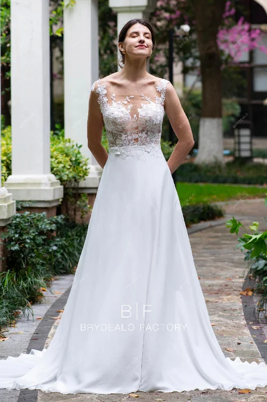 Floor-Sweeping Gown Designer Wild Lace Illusion Summer Chiffon A-line Beach Wedding Dress Floor-Sweeping Gown Designer Wild Lace Illusion Summer Chiffon A-line Beach Wedding Dress