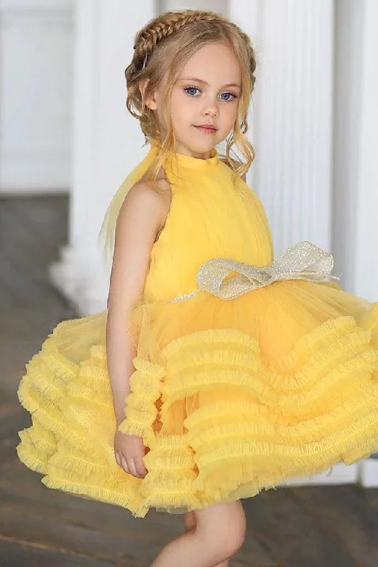 Simple Formal Dress Yellow Baby Bow Puffy Flower Girl Dresses
