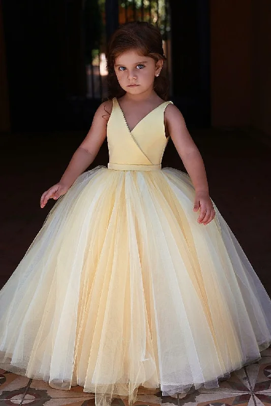 Glitter Dress Yellow V-neckline Tulle Flower Girl Dress Kids Communion Dresses
