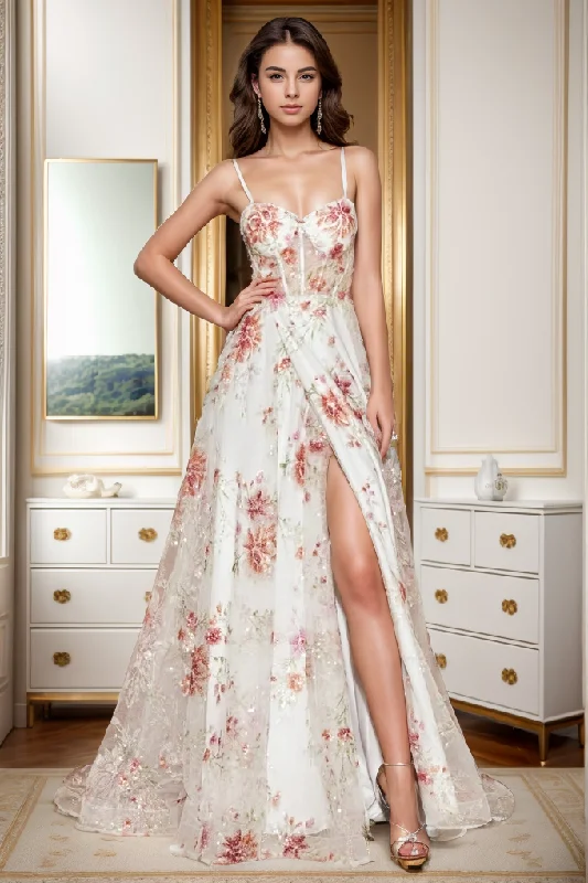 Draped Gown A-Line Sweep-Brush Train Print Prom Dress CS0469