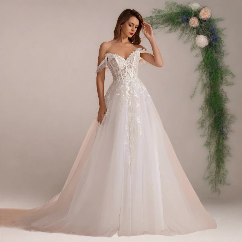 One-Shoulder Gown A-Line Sweetheart Lace Off Shoulders Bridal Gown