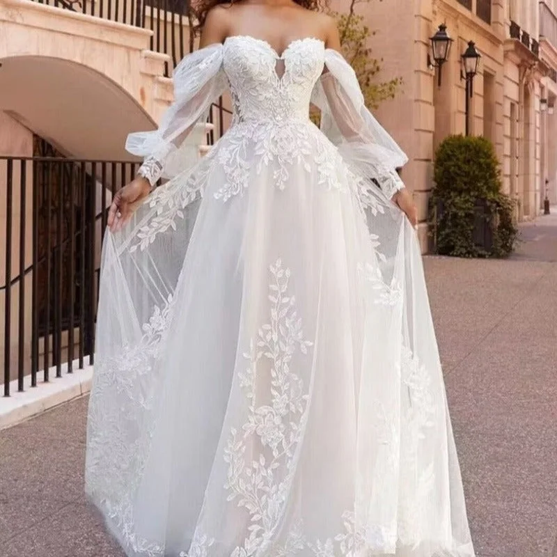Beaded Evening Dress A-Line Wedding Dress Lace With Detachable Bishop Sleeves WD4002