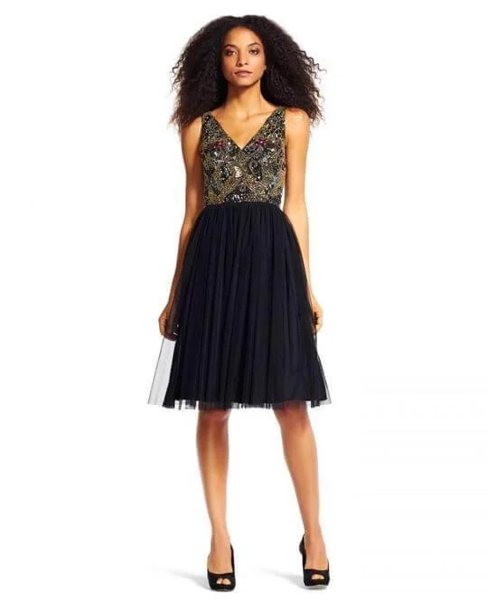 V-Neck Dress Adrianna Papell AP1E200305 Short Sleeveless Cocktail Party Dress